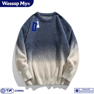 Wassup My渐变色水貂绒圆领毛衣男女情侣秋冬季宽松百搭针织衫潮