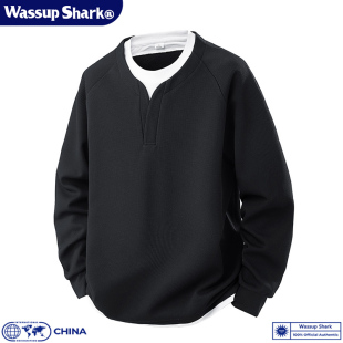 Wassup Shark潮牌假两件V领卫衣男春秋季宽松百搭休闲上衣打底衫