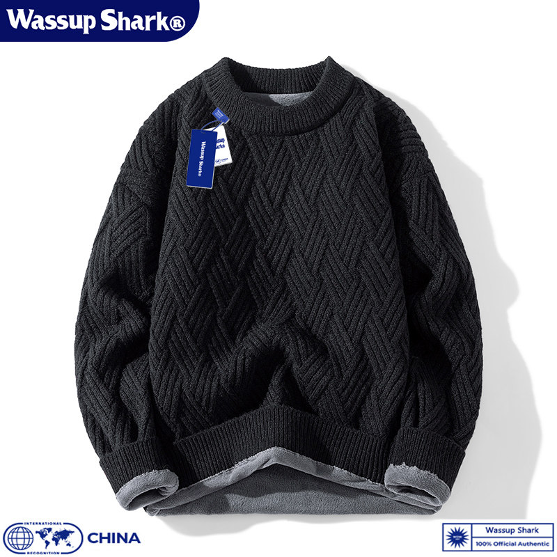 Wassup Shark粗麻花编织毛衣男秋冬加绒加厚套头针织毛线打底衫潮