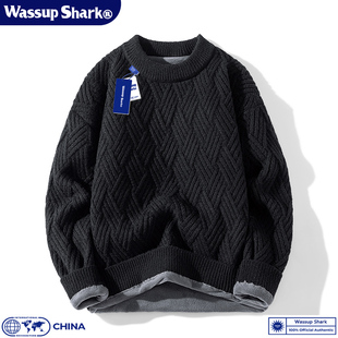 Wassup Shark粗麻花编织毛衣男秋冬加绒加厚套头针织毛线打底衫潮