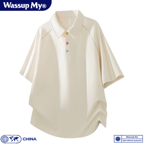 WASSUP MY潮流翻领短袖POLO衫男女同款夏华夫格宽松休闲薄款上衣