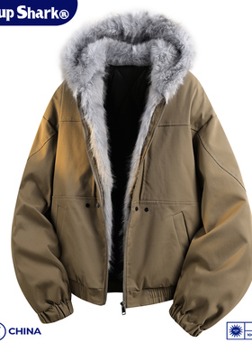 Wassup Shark座山雕毛领连帽夹克男女秋冬加厚保暖工装棉服外套潮