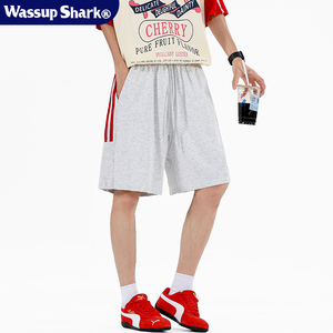 Wassup Shark条纹三条杠纯棉休闲运动短裤男夏季抽绳宽松五分裤女