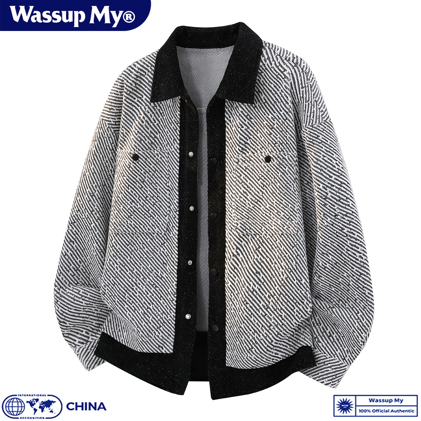 WASSUP MY美式复古翻领条纹拼接撞色夹克男秋季休闲宽松上衣外套