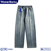 Shark春秋季 水洗抽绳牛仔裤 男美式 Wassup 复古休闲百搭宽松阔腿裤