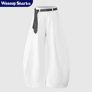男女宽松百搭休闲气球阔腿长裤 Wassup Shark高级感腰带白色弯刀裤