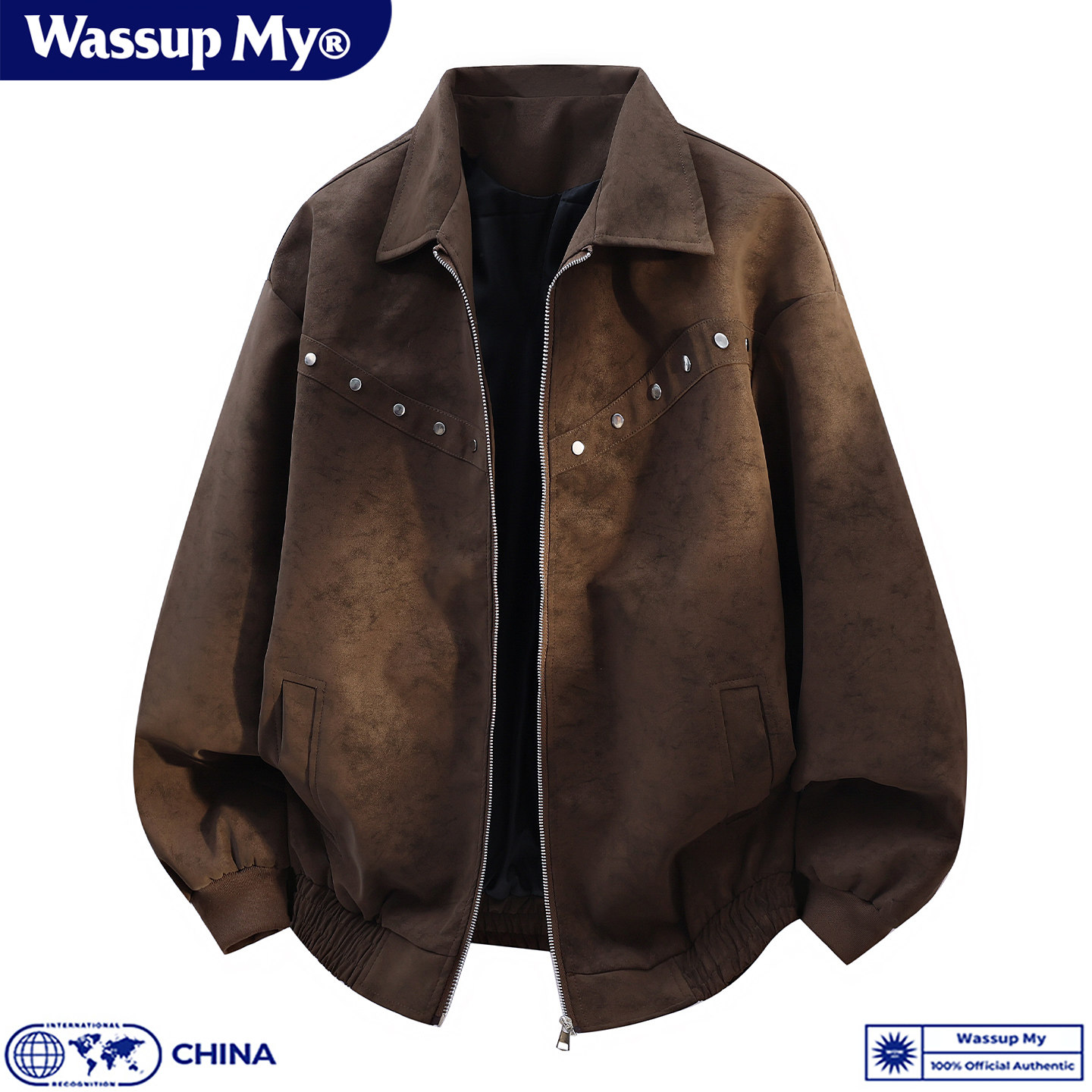 WASSUP MY美式复古风铆钉皮衣男女秋冬宽松防风保暖翻领夹克外套