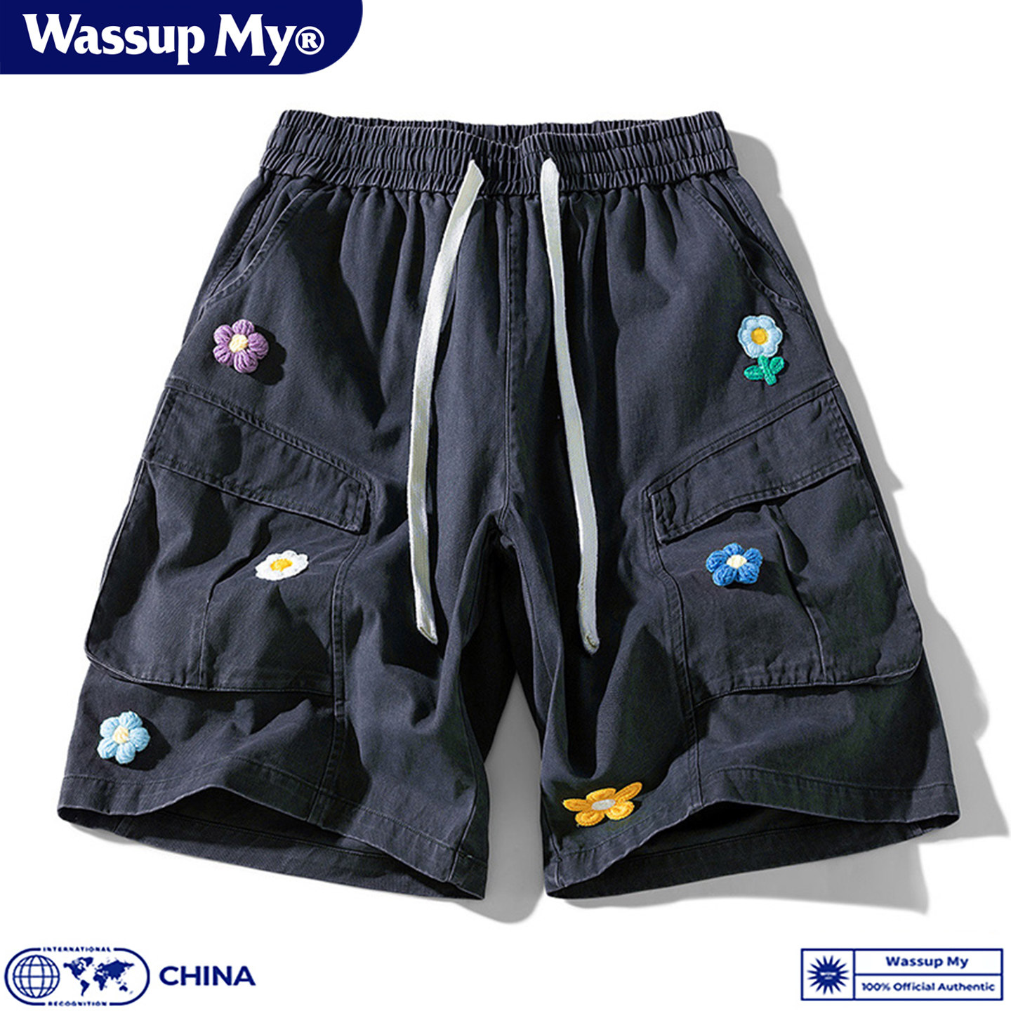 Wassup My美式复古立体花朵工装短裤男女夏季休闲宽松五分裤潮牌