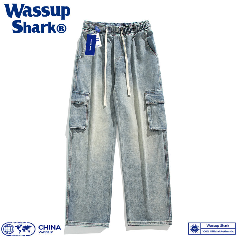 Wassup Shark美式水洗工装牛仔裤男秋季休闲大口袋宽松直筒阔腿裤