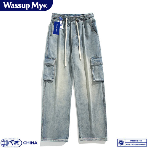 美式抽绳直筒大口袋工装牛仔裤男