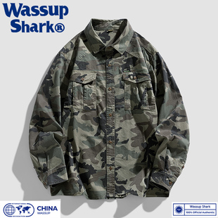Wassup Shark美式复古迷彩工装衬衫男士春秋工作长袖翻领夹克外套
