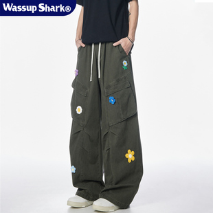 男女潮流百搭纯棉宽松阔腿裤 立体花朵刺绣休闲裤 Shark工装 Wassup