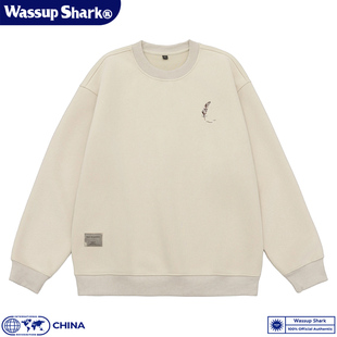 Wassup Shark美式重磅刺绣圆领卫衣男女情侣秋冬季宽松棉长袖上衣