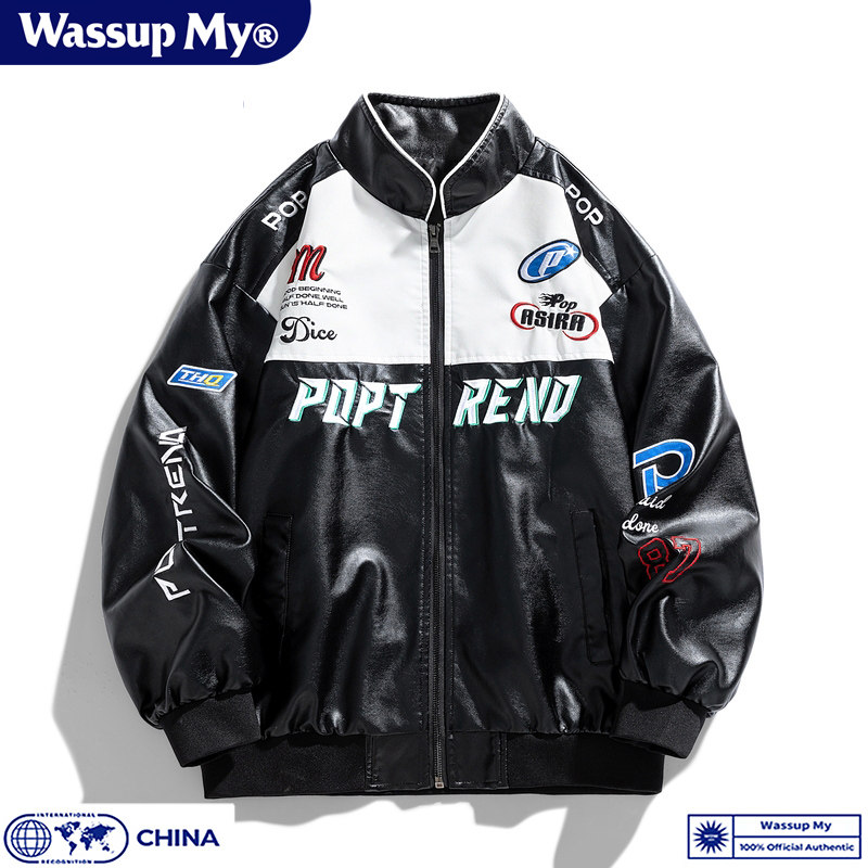 Wassup My美式复古机车皮衣男棒球服外套秋冬季飞行员机能夹克潮