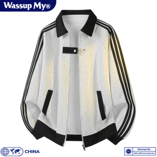 WASSUP MY潮流三条杠拼接撞色卫衣男春秋季休闲运动拉链条纹外套