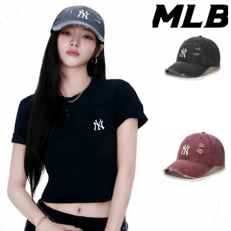 柳智敏韩国正品MLB棒球帽子女防晒帽NY小字母韩版遮阳帽破洞做旧