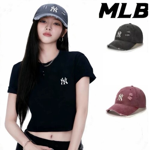 柳智敏韩国正品MLB棒球帽子女防晒帽NY小字母韩版遮阳帽破洞做旧
