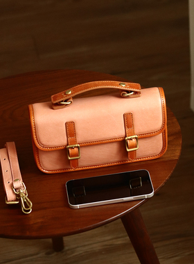 peshawar | 头层牛皮小众粉色小挎包女植鞣皮真皮手工复古小方包