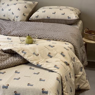 韩国大鹅双面全棉床盖三件套四季加厚绗缝夹棉榻榻米垫不起皱床单