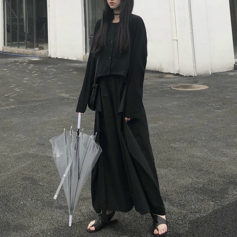 暗黑系套装女潮酷前短后长防晒T飘带武士裤阔腿裤两件套暗黑女装满119.00元可用49.1元优惠券