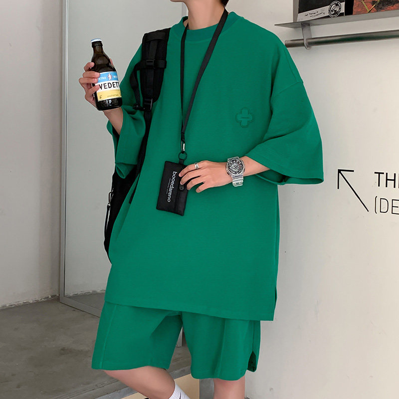 2024夏纯色华夫格宽松短袖两件套男女潮牌休闲套装1003TZ05P78,男装T恤,星座1003