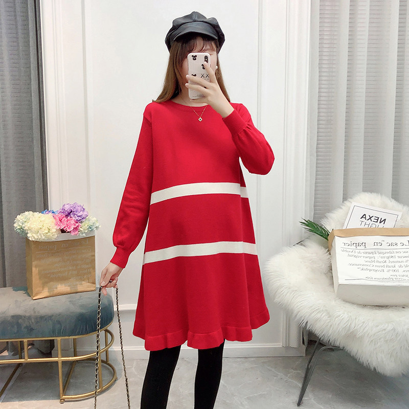 출산 겨울 정장 패셔너블한 출산복 가을 겨울 스트라이프 패션 스웨터 중간 길이의 대형 상의