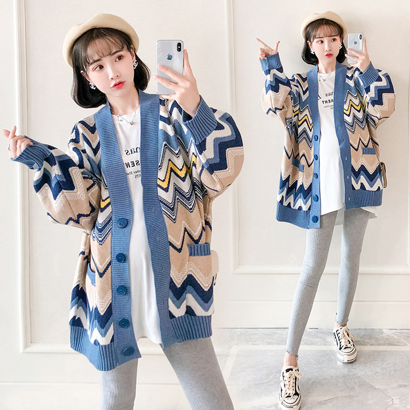 임산부 스웨터 봄 가을 트렌디한 엄마 코트 니트 가디건 패셔너블한 한국식 루즈한 대형 상의 임부복 가을옷