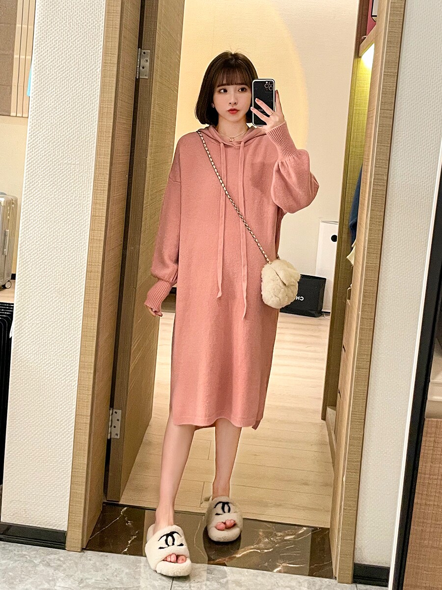 출산 가을 의류 후드 니트 스커트 정장 패션 드레스 새로운 출산 긴 소매 스웨터 가을 겨울 긴 스커트