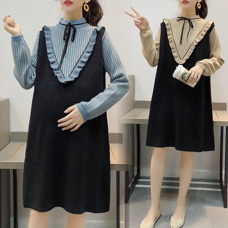 출산 가을 의류 새로운 스타일 니트 드레스 세트 중간 길이 출산 탑 가을 겨울 느슨한 스웨터 자켓