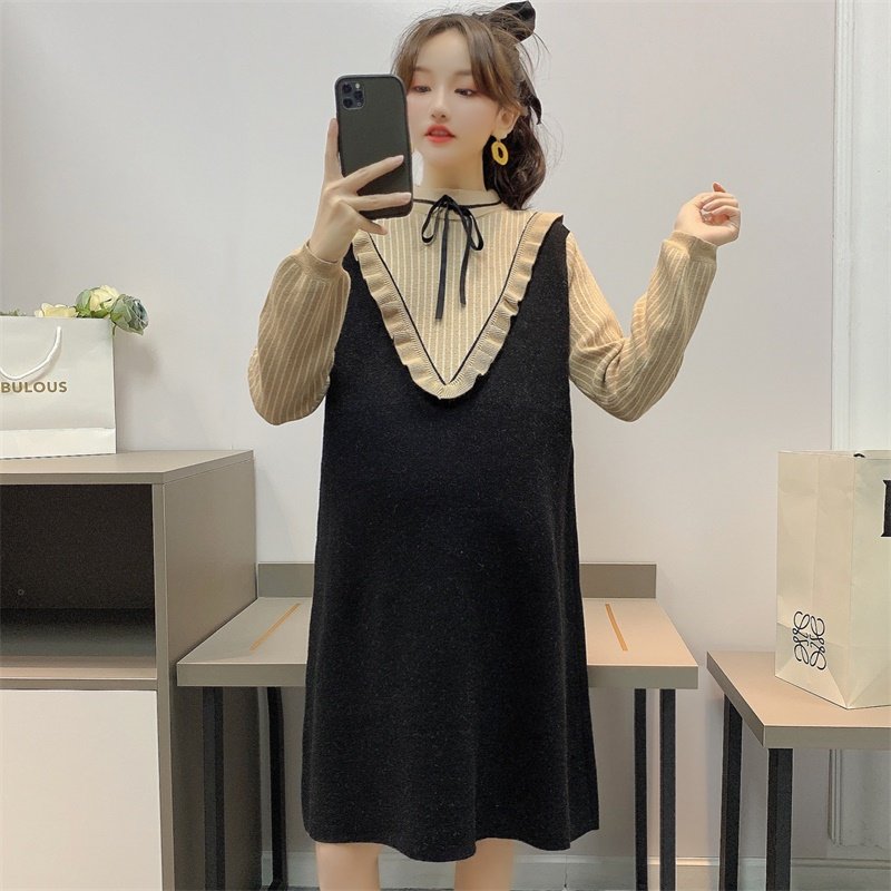 출산 가을 의류 새로운 스타일 니트 드레스 세트 중간 길이 출산 탑 가을 겨울 느슨한 스웨터 자켓