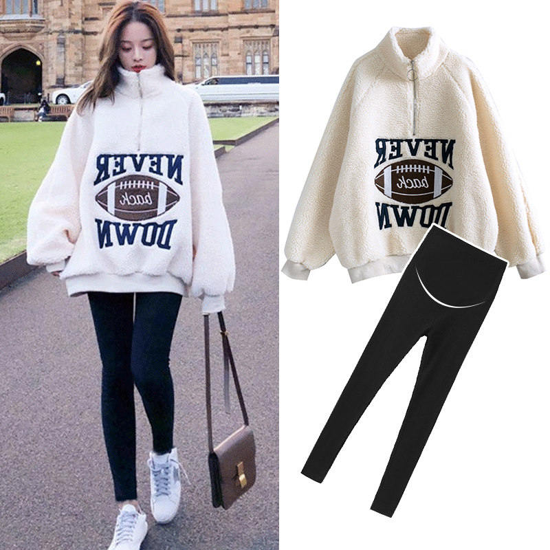 산모 겨울 정장 패셔너블한 가을 겨울 스타일 한국판 벨벳과 도톰한 서양식 스웨트 셔츠 중간 기장 인터넷 연예인 투피스 세트