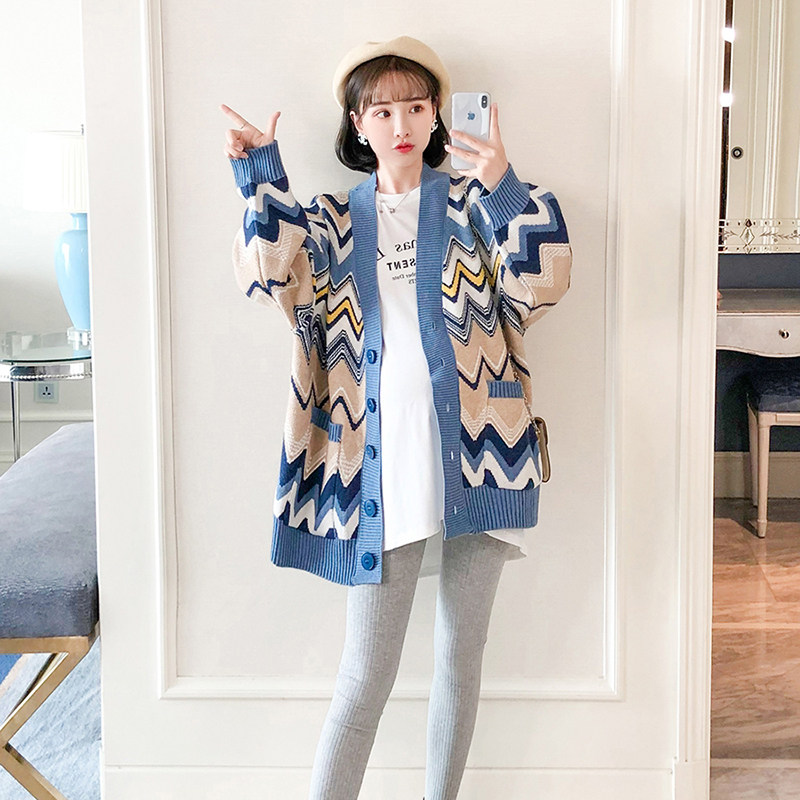 임산부 스웨터 봄 가을 트렌디한 엄마 코트 니트 가디건 패셔너블한 한국식 루즈한 대형 상의 임부복 가을옷