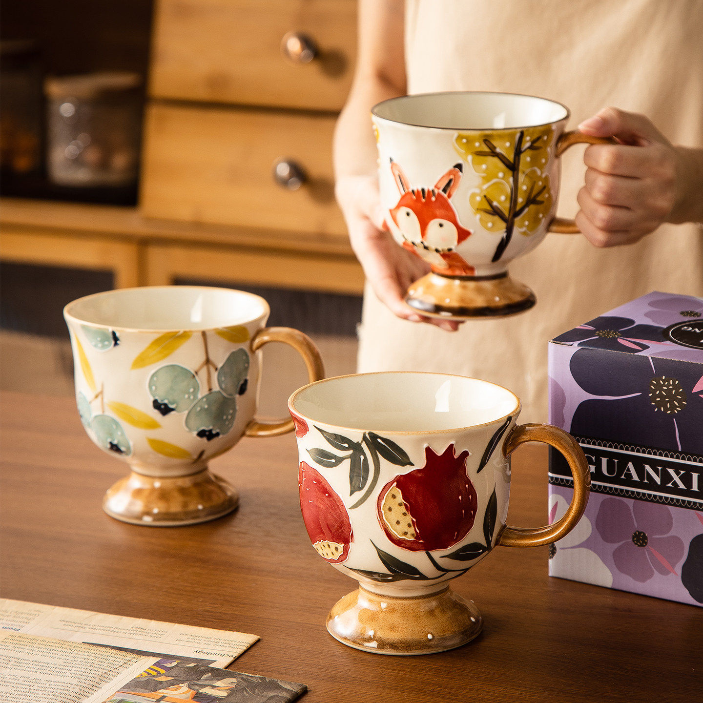 蓝莓石榴复古釉下彩陶瓷杯子家用喝水马克杯高颜值礼盒伴手礼