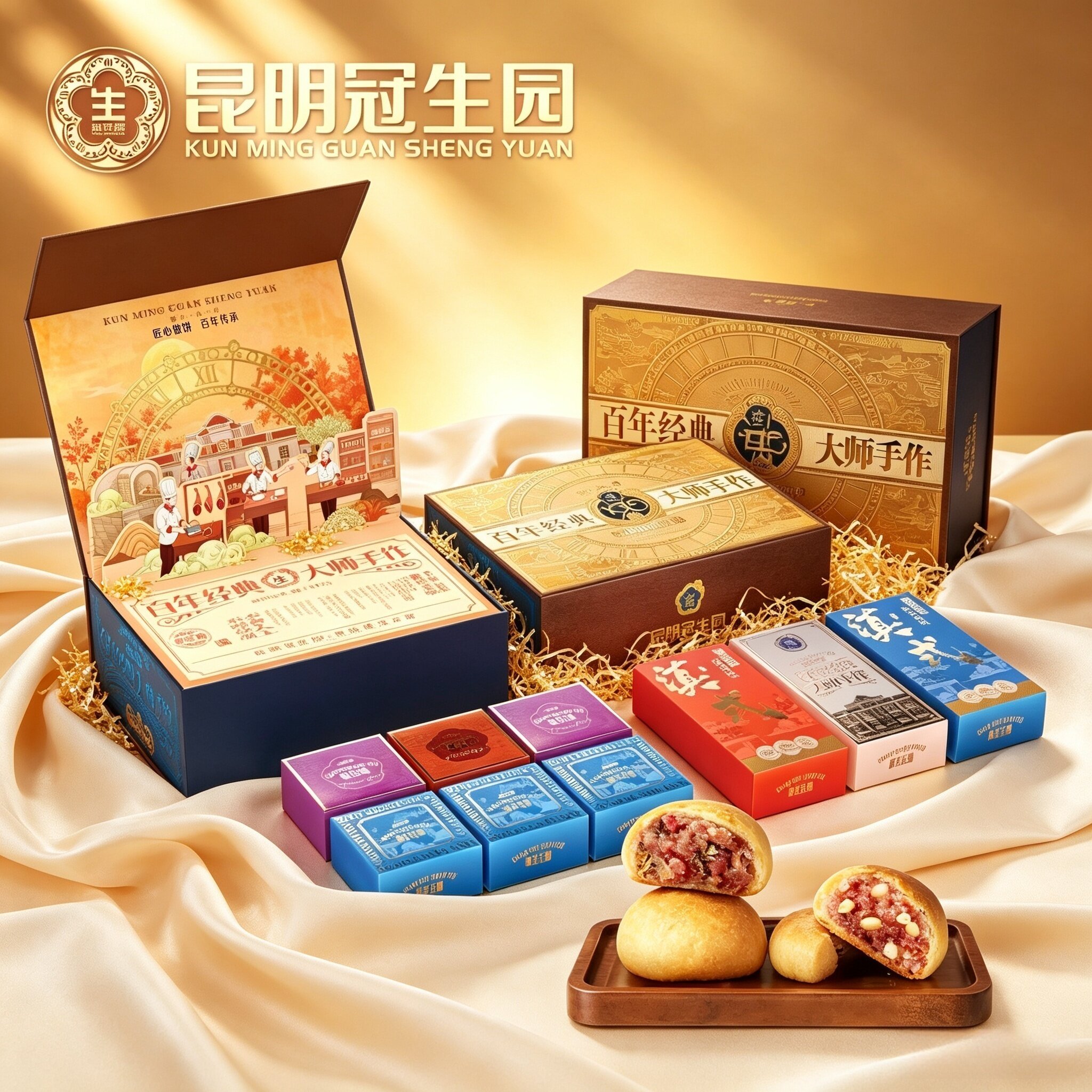 昆明冠生园中秋礼盒百年经典大师手作1200g云腿松仁月饼鸡枞鲜花