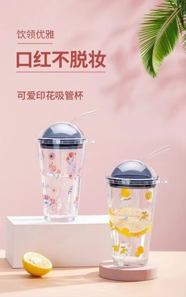 可爱带吸管玻璃杯水杯ins风透明高颜值带盖夏季家用喝水奶茶杯子