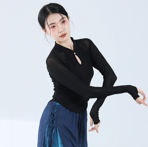 红舞鞋古典舞气质修身拼纱袖上衣