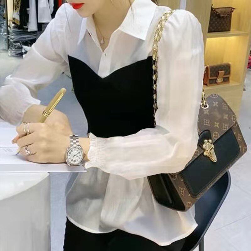 长袖女t恤2024春夏新款名媛风假两件上衣修身显瘦遮肚腩雪纺衬衫