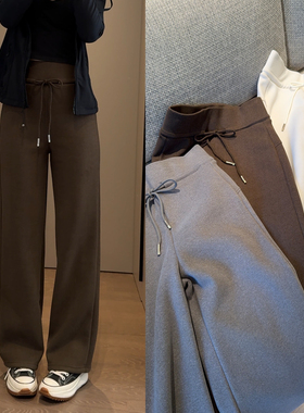 2件包邮宽边弹力高腰羊毛桑蚕丝醋酸混纺加绒冬季抽绳直筒休闲裤