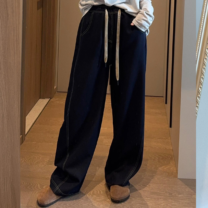 拒绝僵硬弧茧型明线弯刀阔腿裤