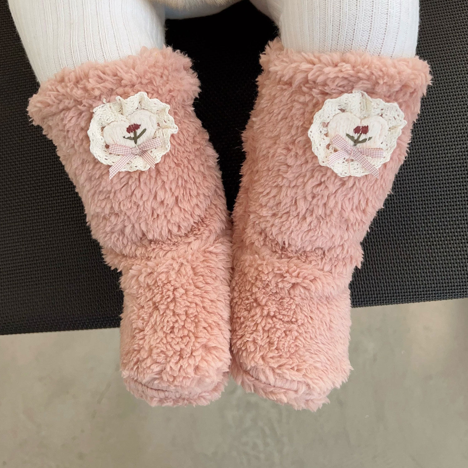 韩系婴儿双面绒袜子秋冬可爱保暖袜套女宝宝甜美蝴蝶结脚套小花