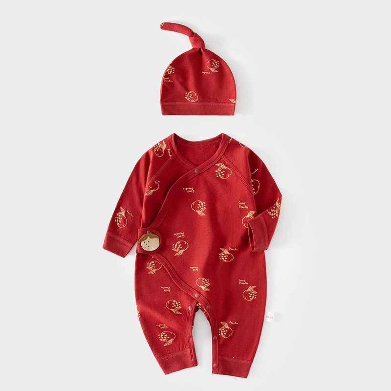 新生儿大红色连体衣婴儿哈衣春秋纯棉初生和尚服爬服男女宝宝内衣