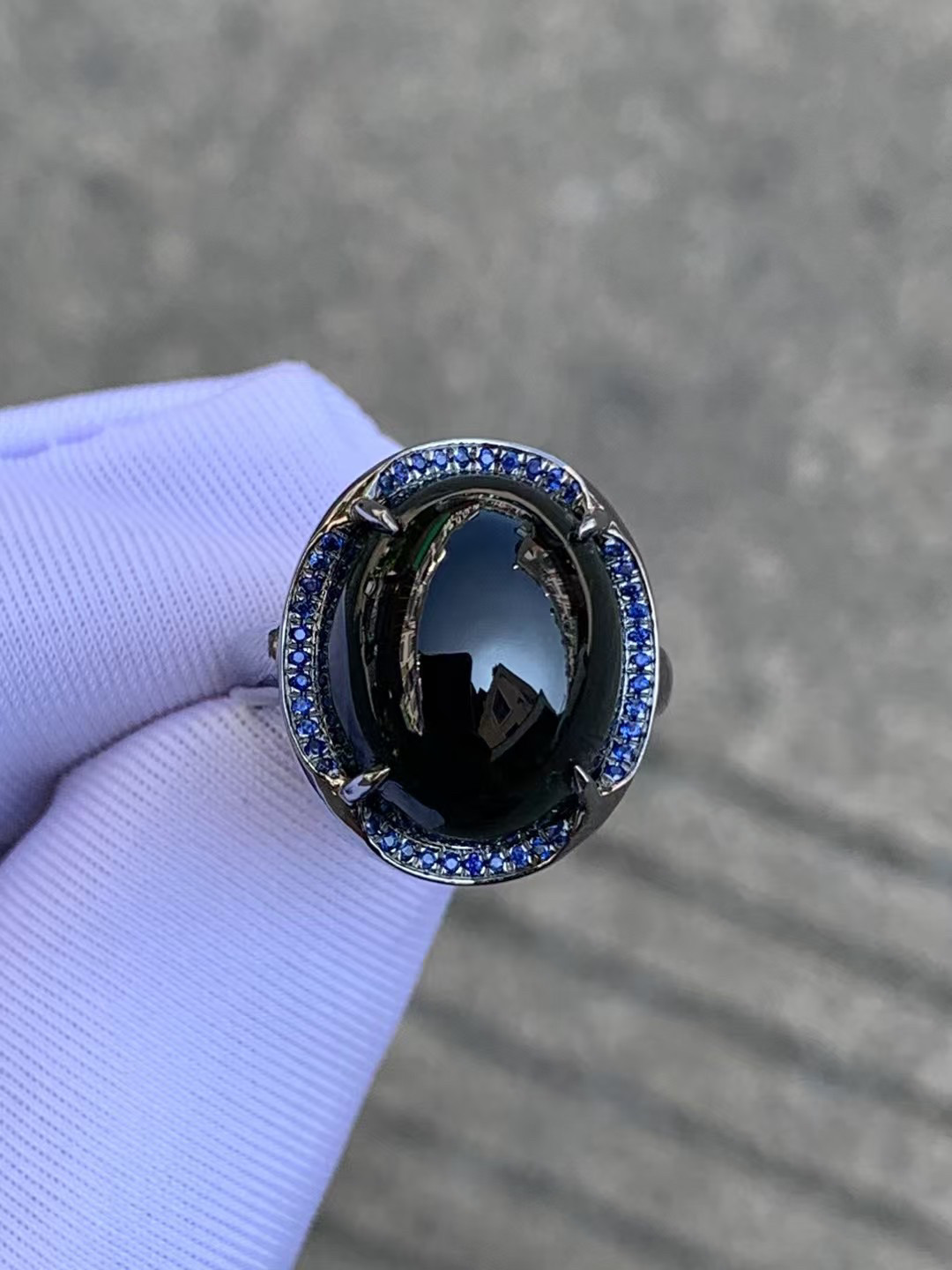 凝墨家天然缅甸翡翠18k乌金镶嵌冰种墨翠蛋面女士戒指豪华大气