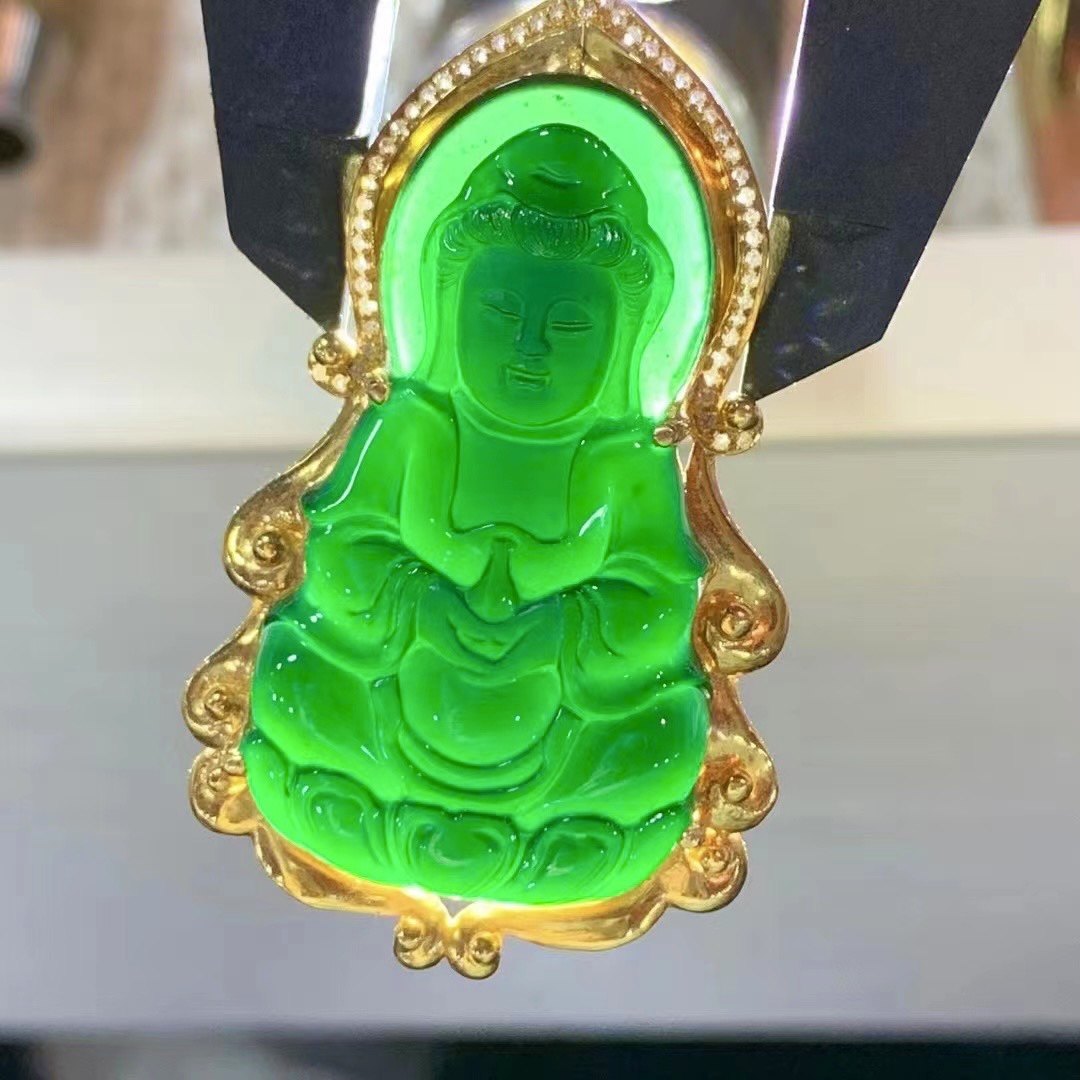 凝墨为翠家天然缅甸翡翠18k黄金镶嵌高冰种墨翠观音吊坠牌 子