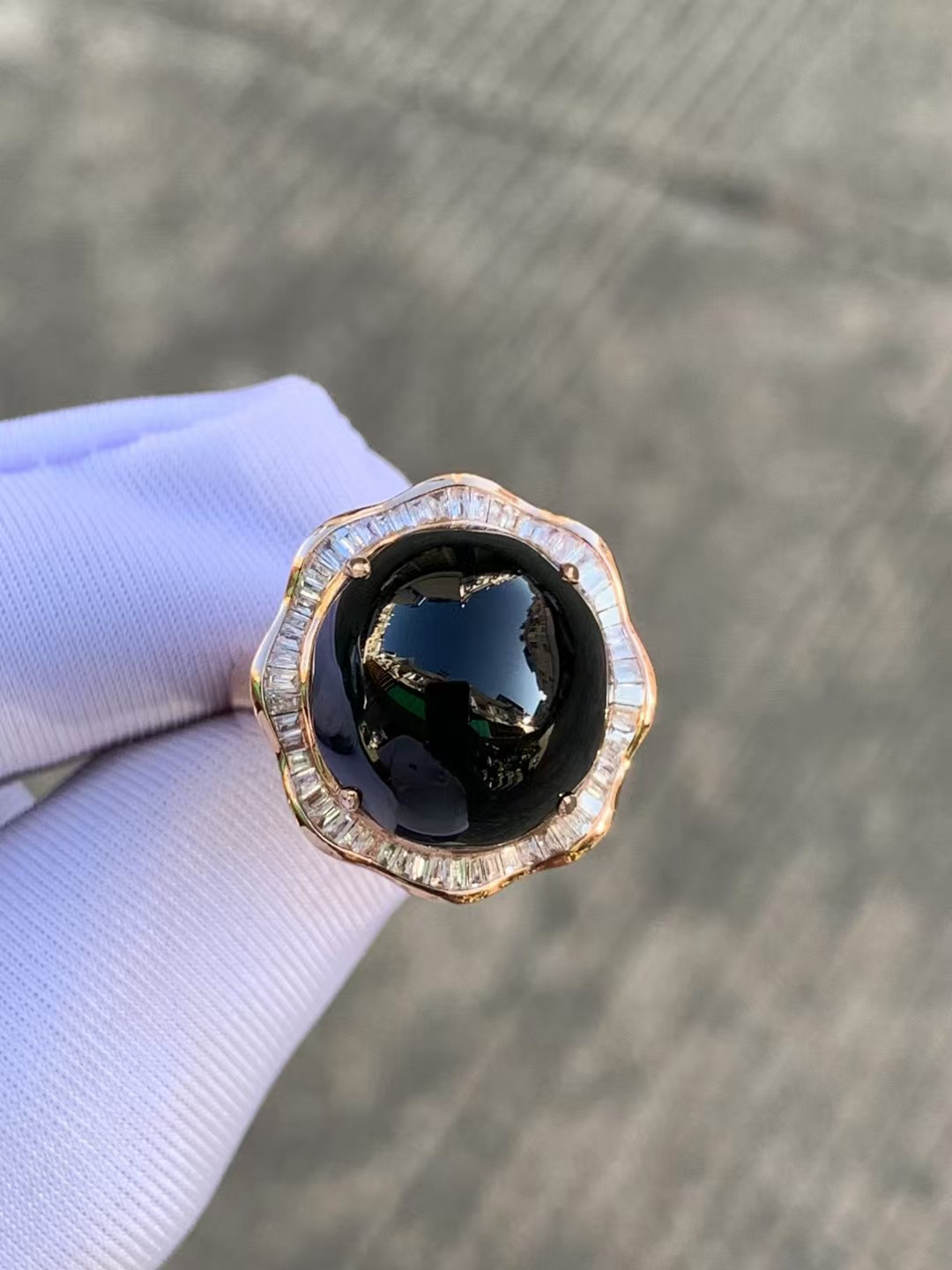 凝墨家天然缅甸翡翠18k玫瑰金满钻豪想冰种墨翠大蛋面女士戒指