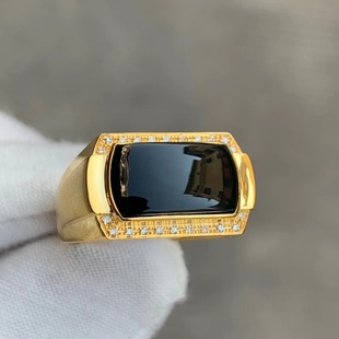 凝墨为翠家天然翡翠18k黄金加钻石镶高冰墨翠马鞍戒指男士