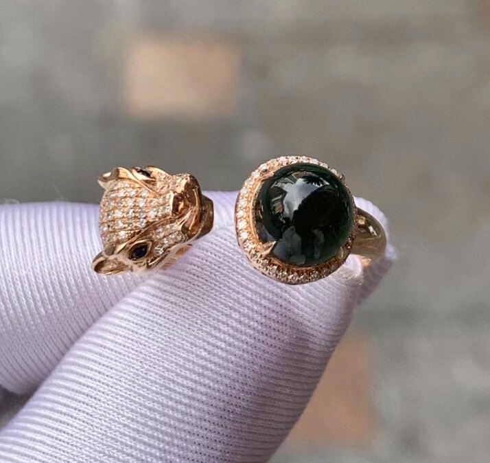 凝墨为翠家天然缅甸翡翠18k金冰种墨翠豹头款蛋面女士活口戒指