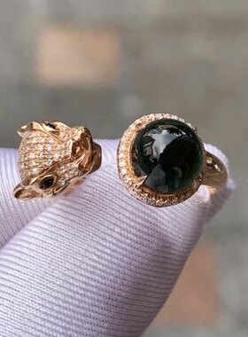 凝墨为翠家天然缅甸翡翠18k金冰种墨翠豹头款蛋面女士活口戒指