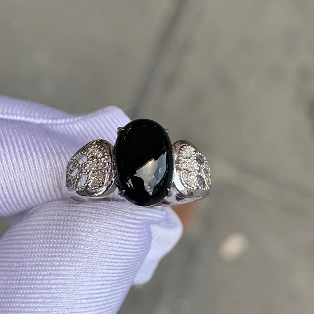 凝墨为翠家天然缅甸翡翠18k白金镶嵌冰种墨翠蛋面女士戒指简约风