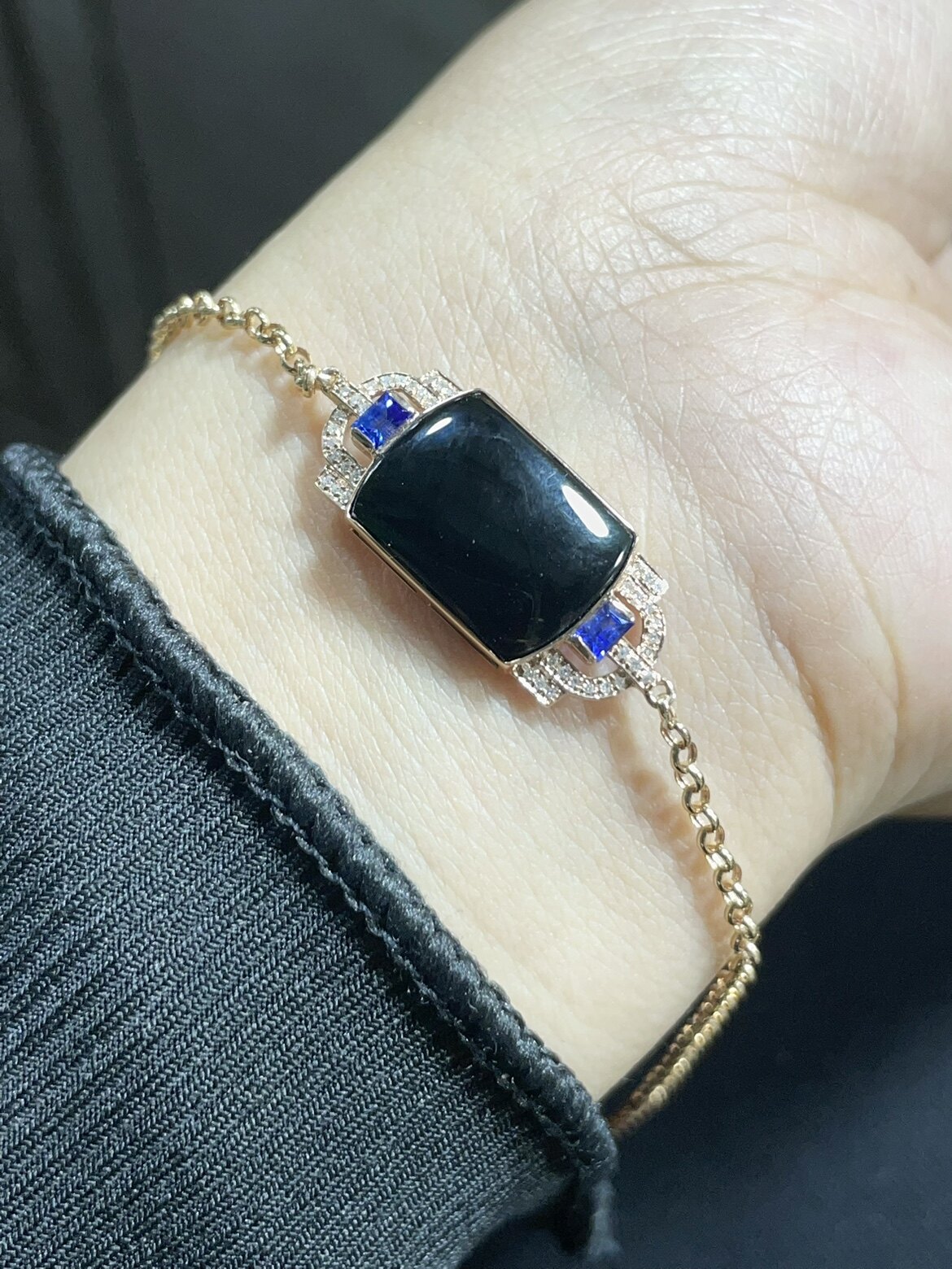 凝墨为翠家天然缅甸翡翠18k金加蓝宝石镶嵌冰种墨翠马鞍女士手链