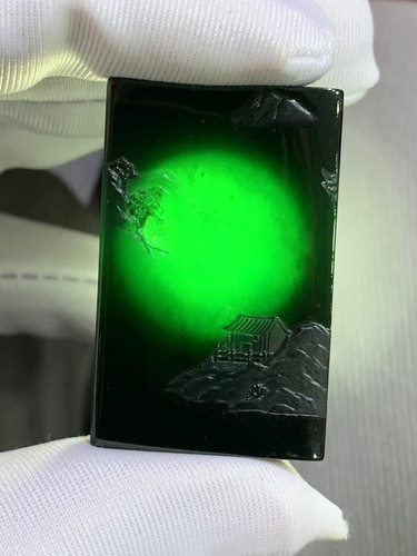 凝墨家天然缅甸翡翠A货冰种墨翠山水牌挂件男女通用款